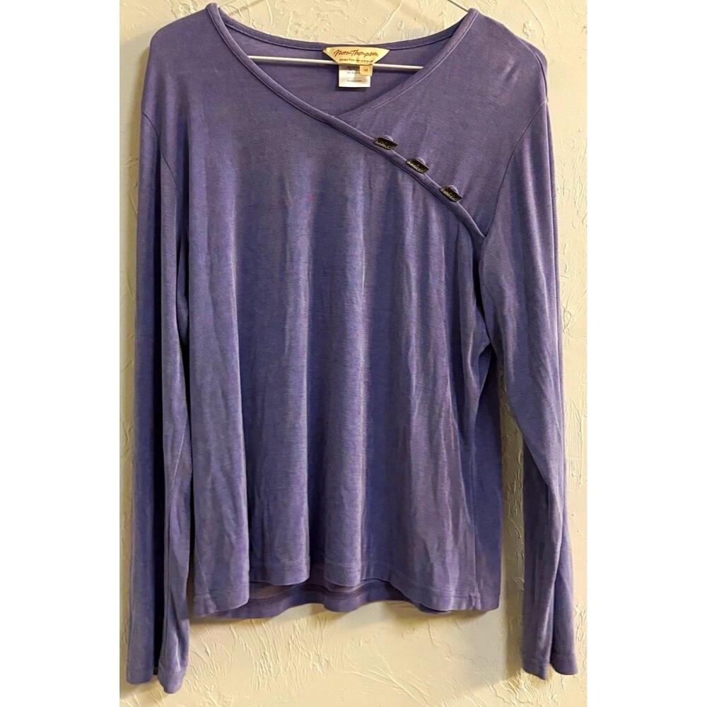 Norm Thompson Women’s Top M Purple Solid Knit V-Neck Long Sleeve Button Pullover